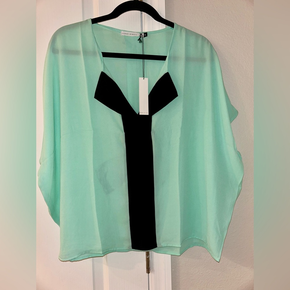 NWT Three Eighty Two Mint Sheer Blouse with Black Accent Size Medium